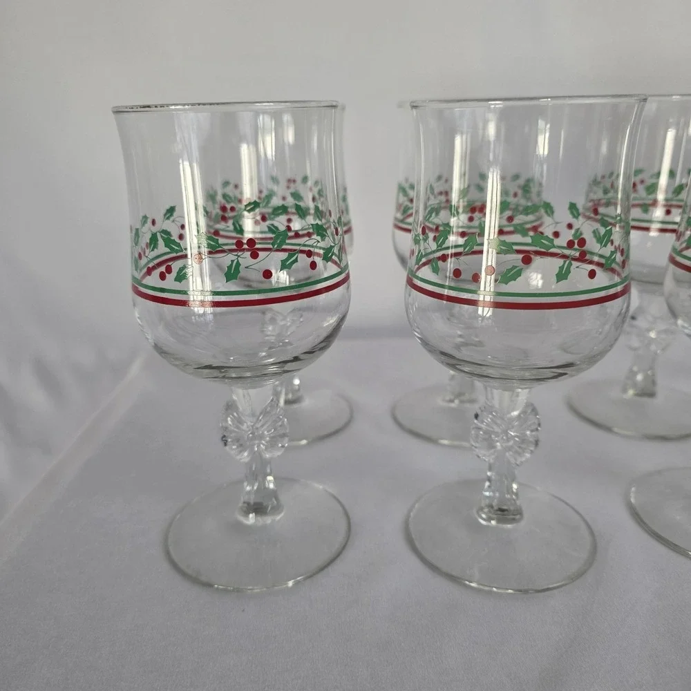 Arby's Libbey 1987 Holly & Berries Bow Stemmed Water Wine Glasses Set Of‎ 8